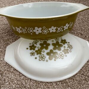 Pyrex Olive Green and White Floral Casserole Dish
